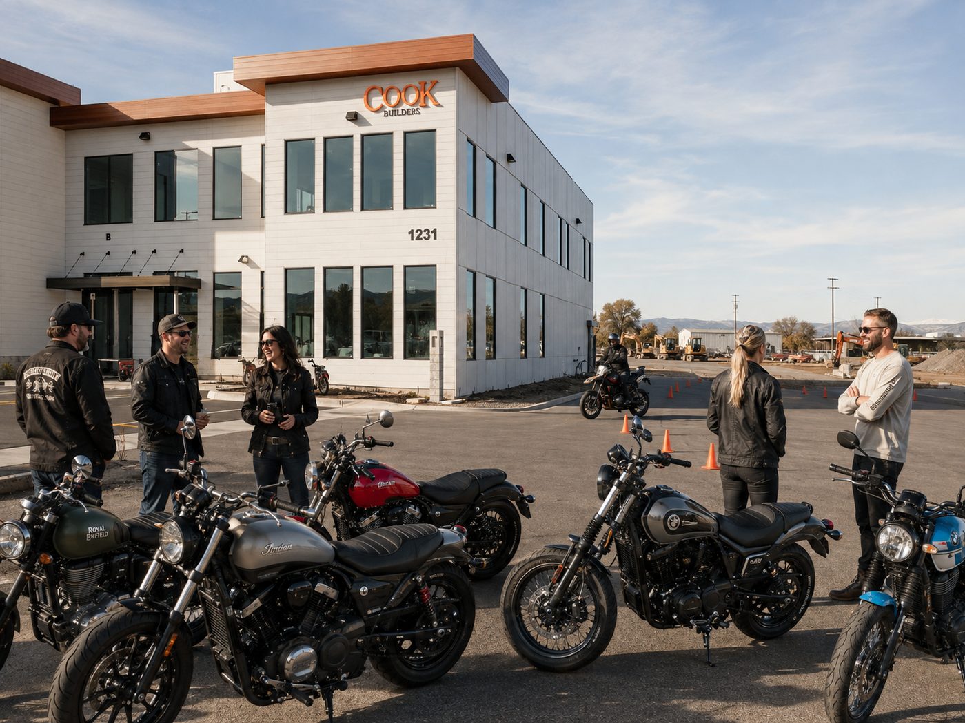 Riders talking around a row of motorcycles before a session