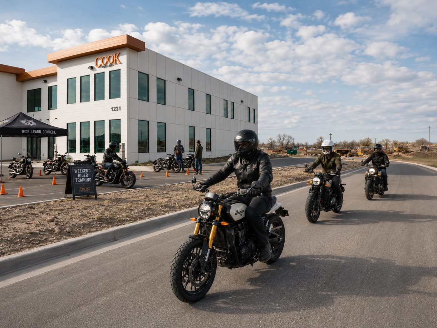 A group of motorcyclists rolling out from the shop toward the canyon